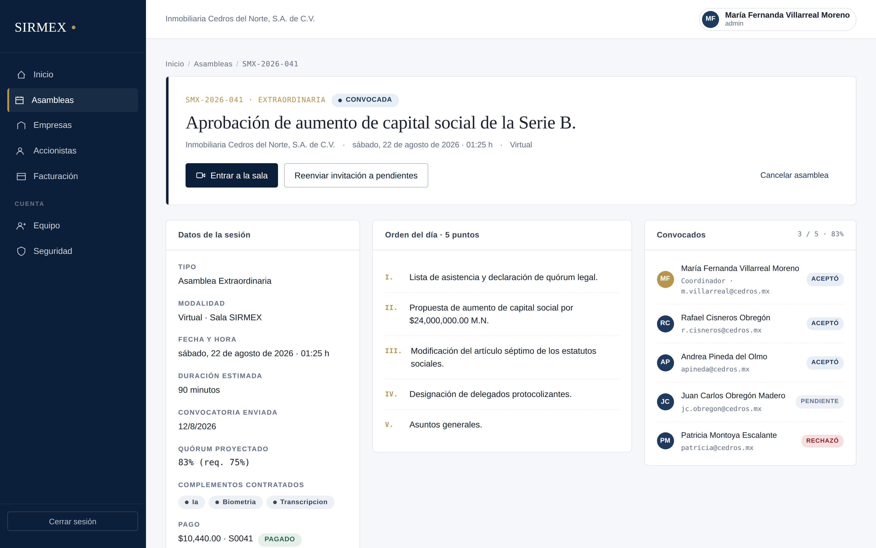Detalle de asamblea convocada con orden del día y confirmaciones de convocados