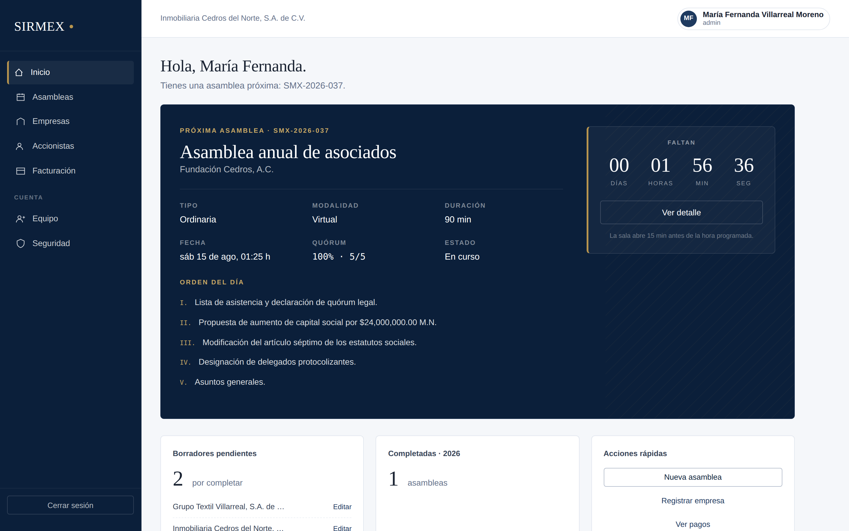 Dashboard de SIRMEX con la próxima asamblea, cuenta regresiva y actividad reciente